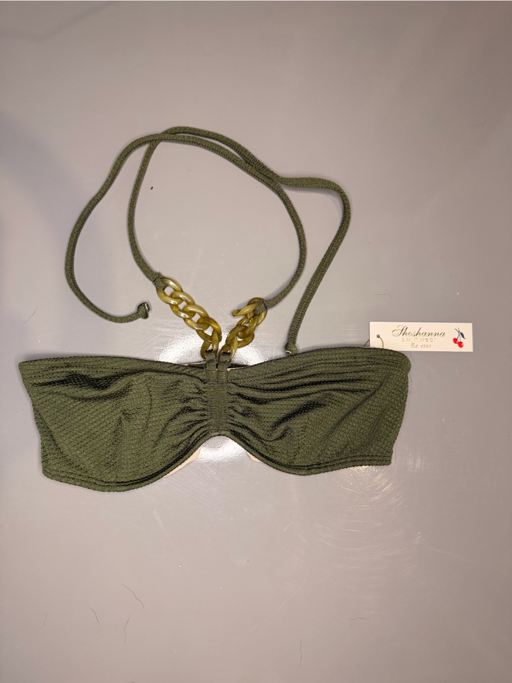 Shoshanna Olive Green Textured Bandeau Bikini Top with Chain Accent